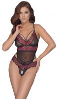 Spitzen-String-Bodysuit im Schritt - Schwarz/RotL/XL