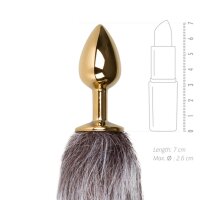 Kleine goudkleurige buttplug met bruin/witte vossenstaart