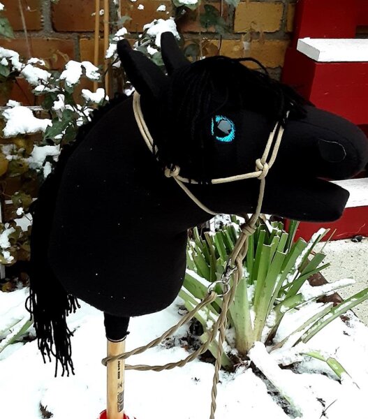 Hobby Horse Steckenpferd Schwarz mit Schwarzer Mähne und Weiß Strähne Handarbeit Unikat