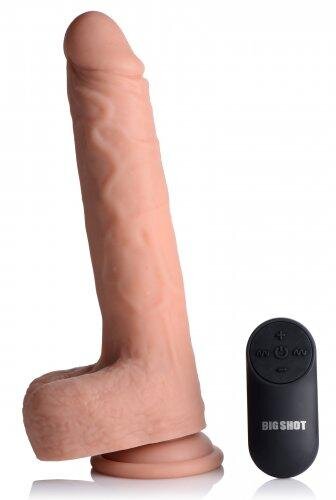 Vibrierender und stoßender XL-Dildo mit Saugnapf und Hoden - Beige