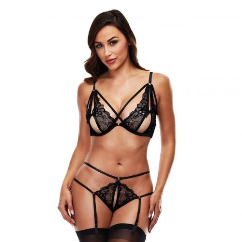 Baci - 2-teiliges Strapsset mit offenem Schritt aus Spitze und mit offenenM/L