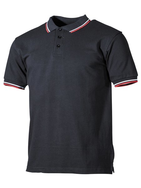 Poloshirt, Negro, cintas rojo-blancas, con el listón de botón